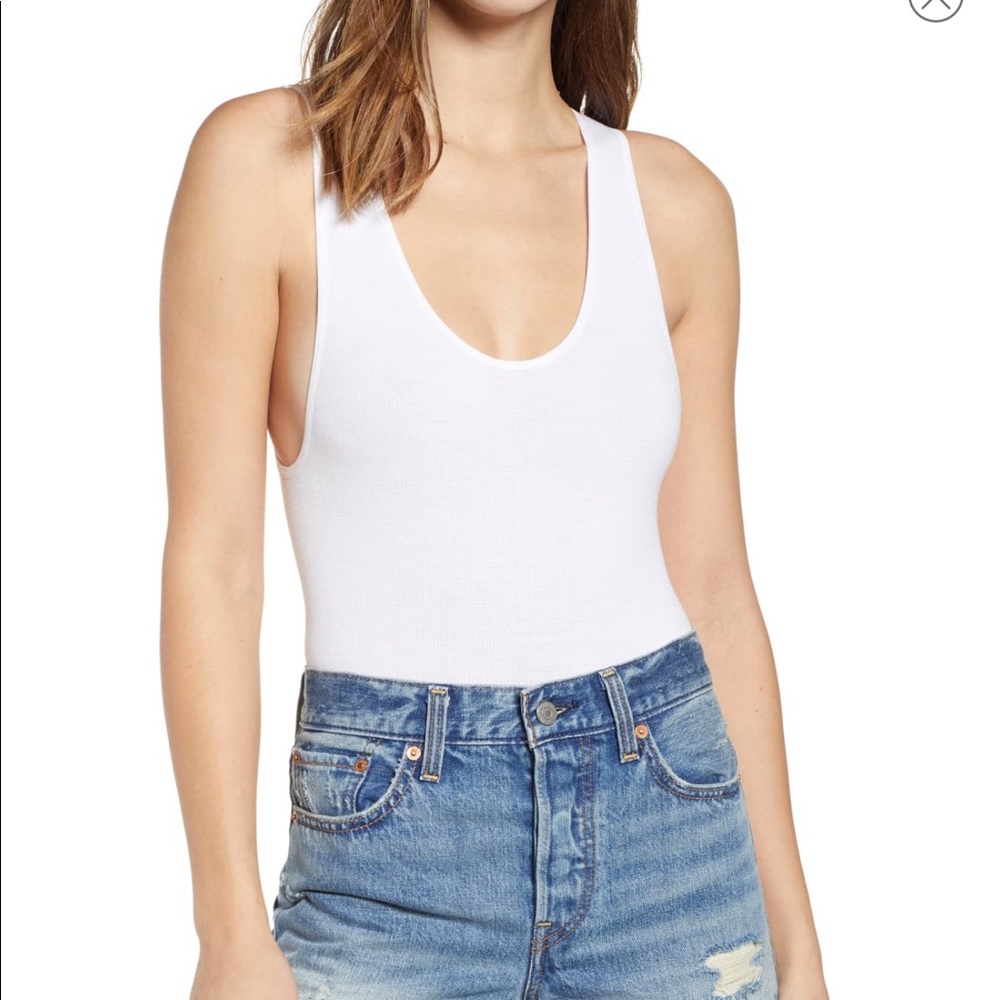 UO Ribbed White V Neck Bodysuit
